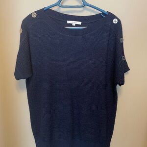 Cleo Navy Short-Sleeve Button-Shoulder Knit Top